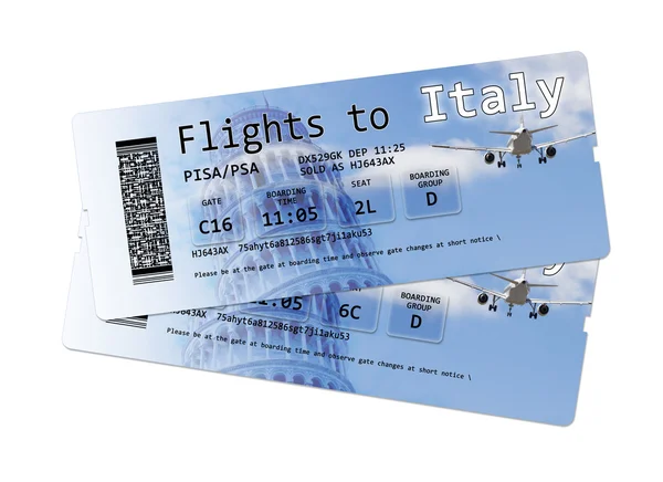 Airline boarding pass tickets to "Italy" isolated on white. — Stock Photo, Image