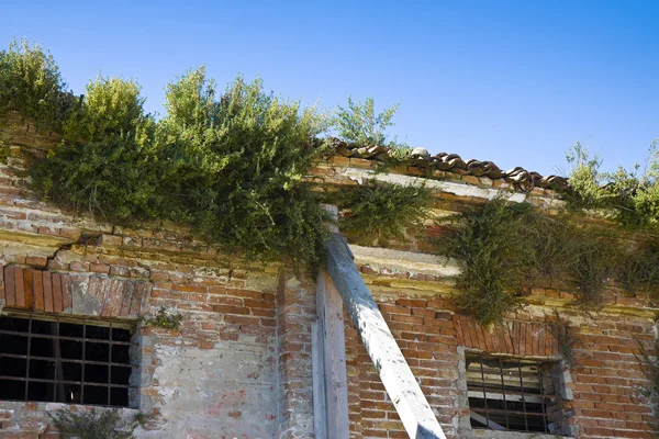 Vecchia casa abbandonata con un muro di mattoni sostenuto da travi in legno — Foto Stock