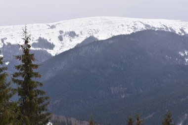 Karla kaplı dağlar bulutlu bir günde