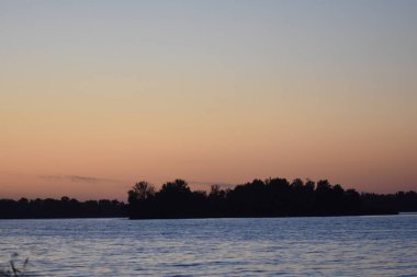 Sunset on the lake with reeds and trees in the foreground