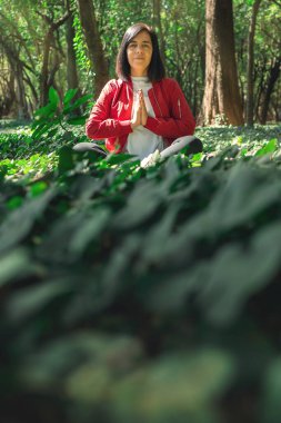 Ormanda meditasyon ve yoga yapan kadınlar için sağlıklı bir yaşam tarzı. Dışarıda yoga yapan genç bir kadın. Meditasyon konsepti. Sağlıklı yaşam konsepti