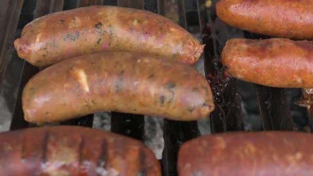 Grelhado Com Costeleta Carne Chistorra Salsichas Salsichas Douradas Prontas Para — Vídeo de Stock