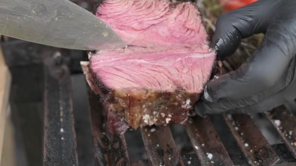 쇠고기 스토라 소세지 갈비를 사용하여 것이다 황금소 소시지가 피크닉 축제를 — 비디오