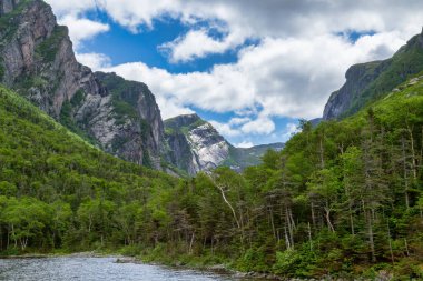 Arkaplanda dağ olan su; beyaz bulutlu mavi gökyüzü - Gros Morne Ulusal Parkı - Batı Brook Pond