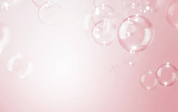 Lindas Bolhas Sabão Brilhantes Transparentes Flutuam Fundo Rosa Conceito Bonito — Fotografia de Stock