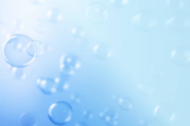 Havada süzülen güzel mavi sabun köpükleri. Kutlama Şenliği Arkaplanı. Tazelik sabunu köpüklü su. Mavi ve Beyaz Gradyan Yapısı.