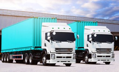 Depo 'daki otoparkta yarı karavan kamyonları. Kargo konteynırı. Kamyonlar yükleme deposunda. Dağıtım Deposu. Büyük kamyon. Nakliye Aracı Taşımacılığı.