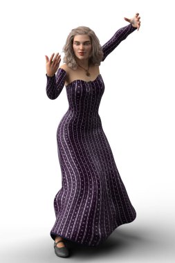 Mor elbiseli sarışın bir cadının fantezi çizimi..