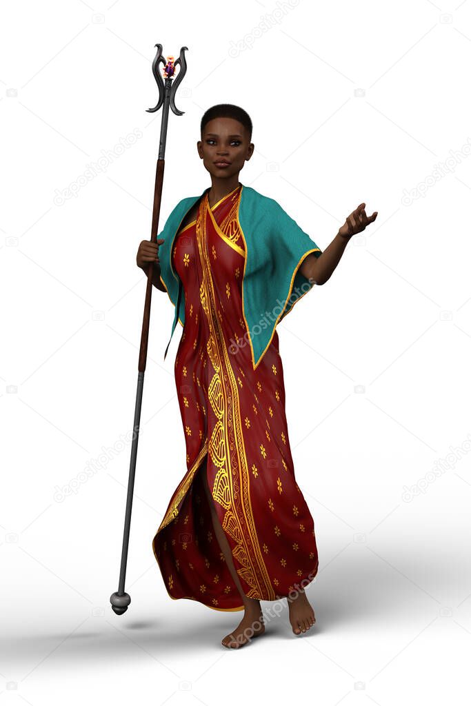 African woman with staff fantasy illustration.