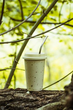 Doğanın arka planında yeniden kullanılabilir cam ve saman.