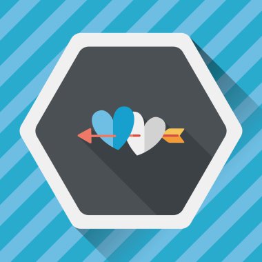 Sevgililer günü kalp ok ve yayla düz simgesi ile uzun gölge, e