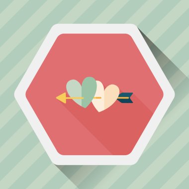 Sevgililer günü kalp ok ve yayla düz simgesi ile uzun gölge, e