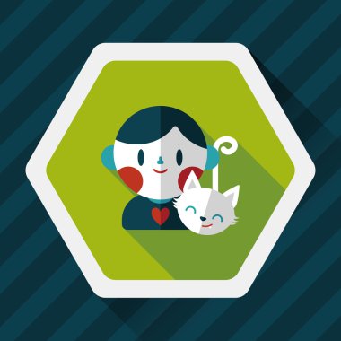 Evde beslenen hayvan kedi ve çocuk dostluk düz simgesi ile uzun gölge, eps10