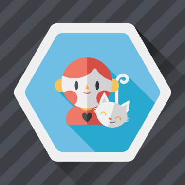 Evde beslenen hayvan kedi ve çocuk dostluk düz simgesi ile uzun gölge, eps10