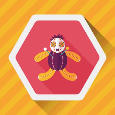 Cadılar Bayramı Vudu bebeği düz simgesi ile uzun gölge, eps10