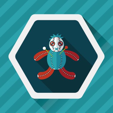 Cadılar Bayramı Vudu bebeği düz simgesi ile uzun gölge, eps10