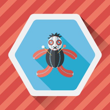 Cadılar Bayramı Vudu bebeği düz simgesi ile uzun gölge, eps10