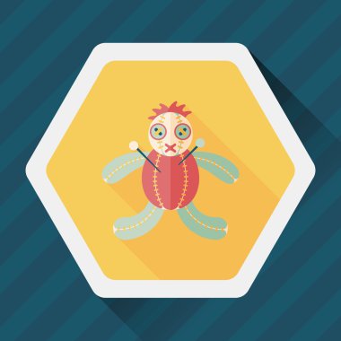 Cadılar Bayramı Vudu bebeği düz simgesi ile uzun gölge, eps10