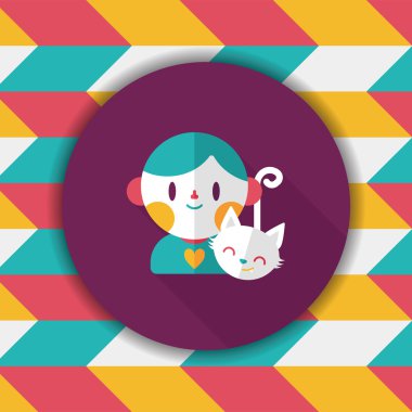 Evde beslenen hayvan kedi ve çocuk dostluk düz simgesi ile uzun gölge, eps10