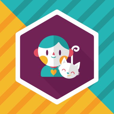 Evde beslenen hayvan kedi ve çocuk dostluk düz simgesi ile uzun gölge, eps10