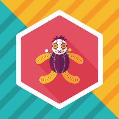 Cadılar Bayramı Vudu bebeği düz simgesi ile uzun gölge, eps10