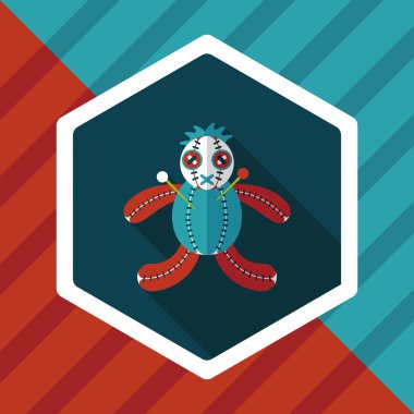 Cadılar Bayramı Vudu bebeği düz simgesi ile uzun gölge, eps10