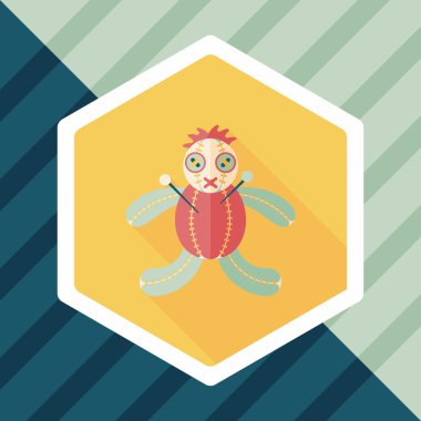 Cadılar Bayramı Vudu bebeği düz simgesi ile uzun gölge, eps10