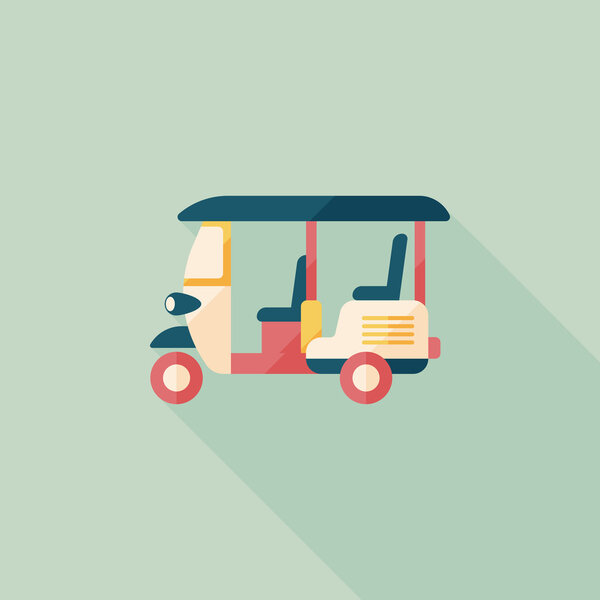 Three wheeled motor rickshaw, flat icon with long shadow