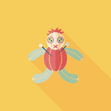 Cadılar Bayramı Vudu bebeği düz simgesi ile uzun gölge, eps10