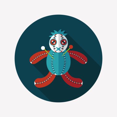 Cadılar Bayramı Vudu bebeği düz simgesi ile uzun gölge, eps10