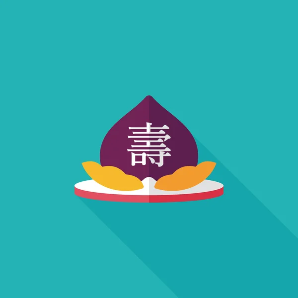 Melocotones chinos de Año Nuevo de inmortalidad icono plano con sábalo largo — Vector de stock