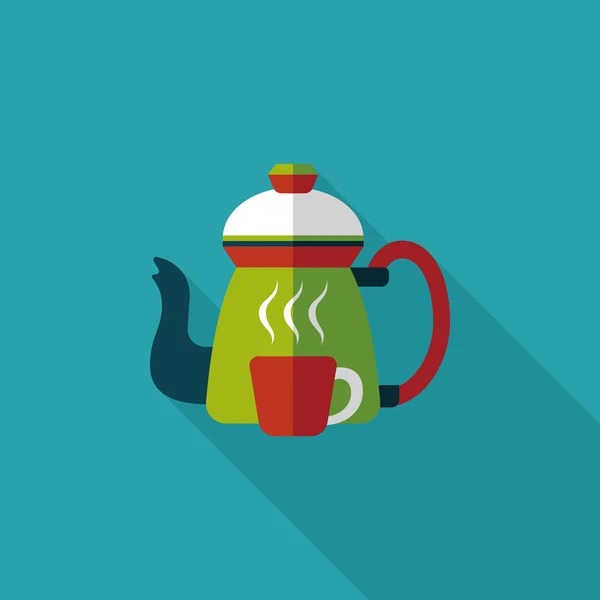 Tetera de café y taza de icono plano con sombra larga, eps10 — Vector de stock