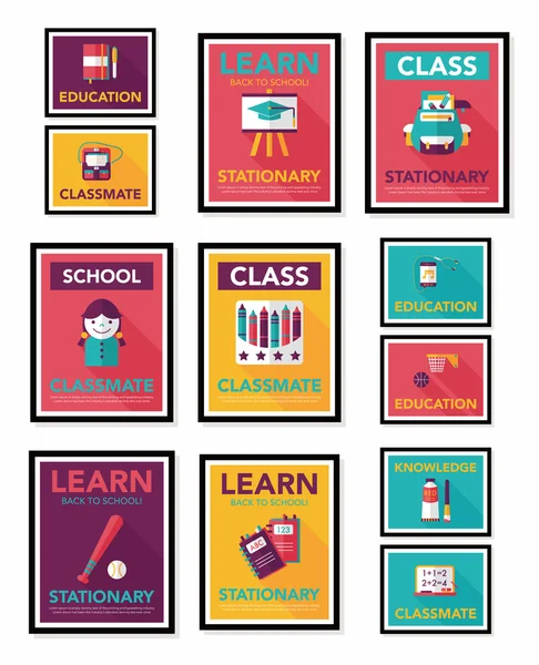 Escuela cartel banner plano diseño fondo plano conjunto, eps10 — Vector de stock