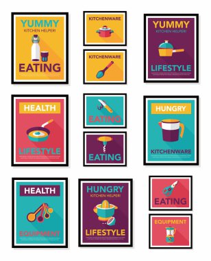 Mutfak eşyaları poster düz afiş tasarım düz arka plan ayarlamak, eps10