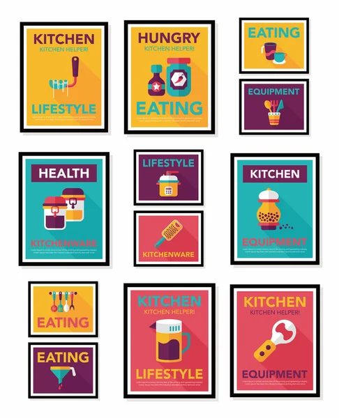 Utensilios de cocina cartel banner plano diseño fondo plano conjunto, eps10 — Archivo Imágenes Vectoriales