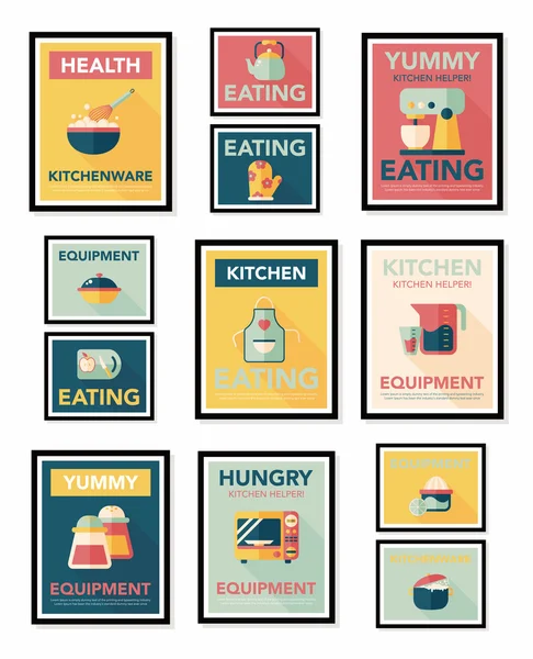 Utensilios de cocina cartel banner plano diseño fondo plano conjunto, eps10 — Archivo Imágenes Vectoriales