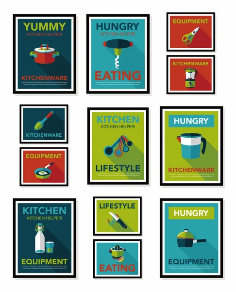 Utensilios de cocina cartel banner plano diseño fondo plano conjunto, eps10 — Archivo Imágenes Vectoriales