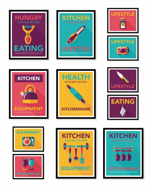 Utensilios de cocina cartel banner plano diseño fondo plano conjunto, eps10 — Archivo Imágenes Vectoriales