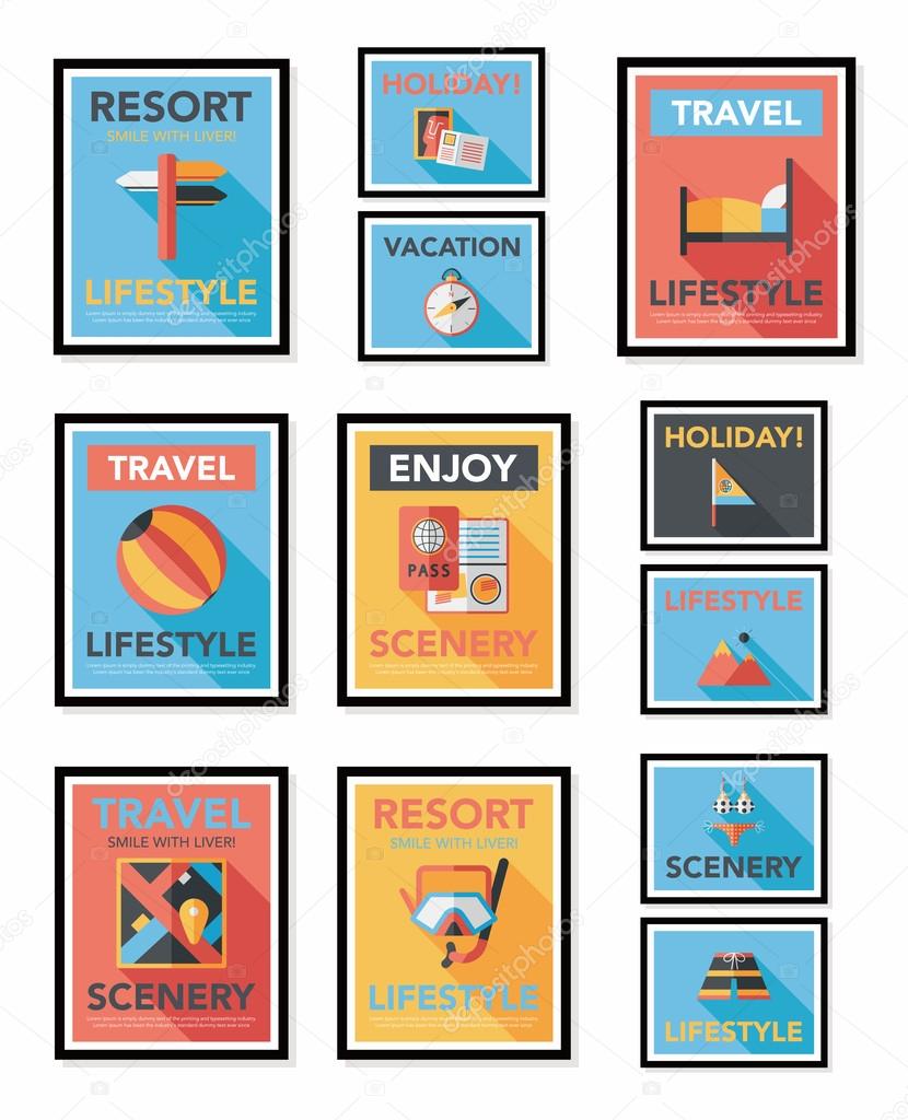 Travel poster banner design flat background set, eps10