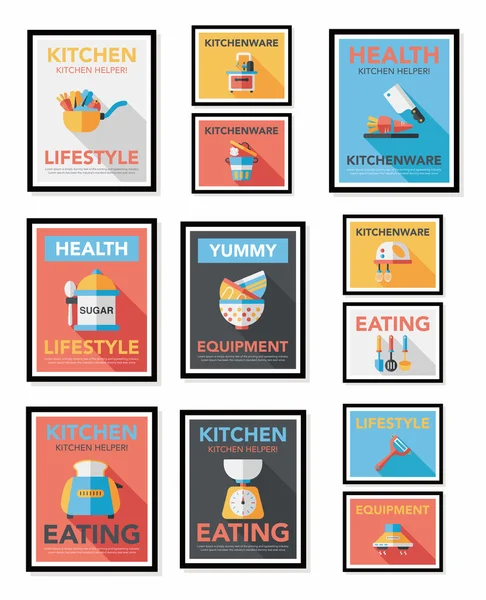 Utensilios de cocina cartel banner plano diseño fondo plano conjunto, eps10 — Archivo Imágenes Vectoriales