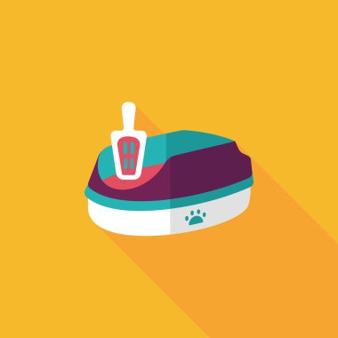 Evde beslenen hayvan kedi çöp kutusu düz simgesiyle uzun gölge, eps10