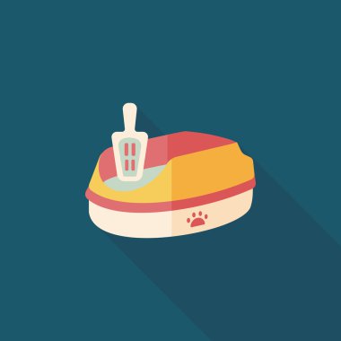 Evde beslenen hayvan kedi çöp kutusu düz simgesiyle uzun gölge, eps10