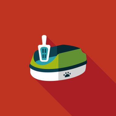 Evde beslenen hayvan kedi çöp kutusu düz simgesiyle uzun gölge, eps10