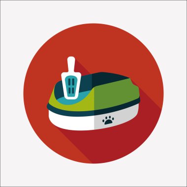 Evde beslenen hayvan kedi çöp kutusu düz simgesiyle uzun gölge, eps10