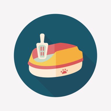 Evde beslenen hayvan kedi çöp kutusu düz simgesiyle uzun gölge, eps10