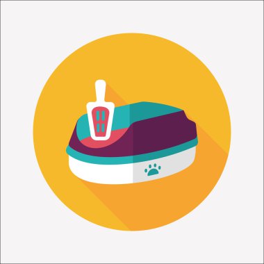 Evde beslenen hayvan kedi çöp kutusu düz simgesiyle uzun gölge, eps10