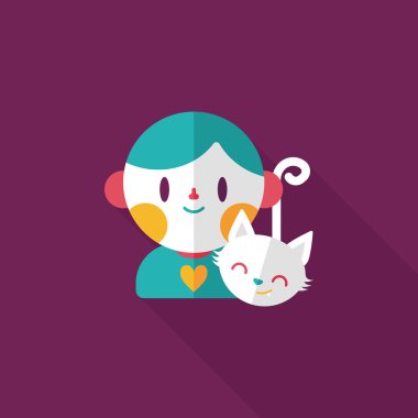 Evde beslenen hayvan kedi ve çocuk dostluk düz simgesi ile uzun gölge, eps10