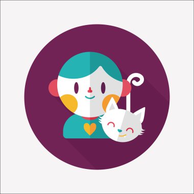 Evde beslenen hayvan kedi ve çocuk dostluk düz simgesi ile uzun gölge, eps10