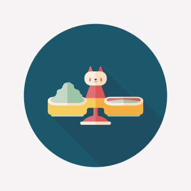 Evde beslenen hayvan kedi gıda kase düz simgesiyle uzun gölge, eps10