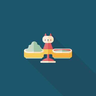 Evde beslenen hayvan kedi gıda kase düz simgesiyle uzun gölge, eps10